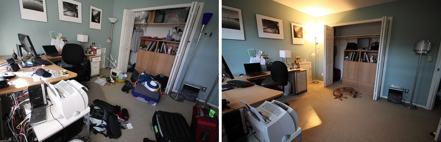 Before and after shots of a home office clean and organise. CC Flickr, Mike McCune