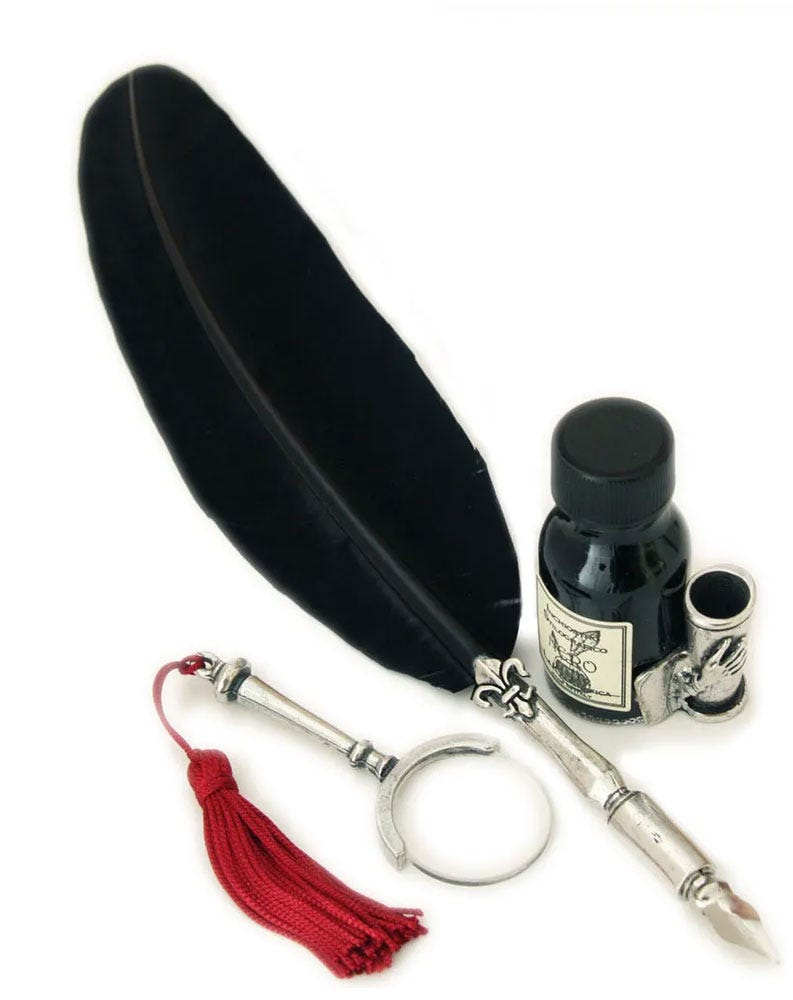 Feather Quill, Ink & Magnifiying Glass - Black