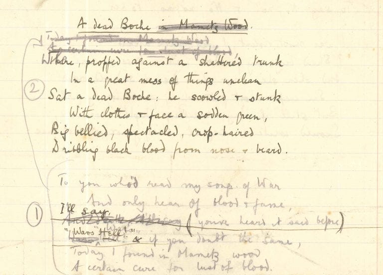 handwritten draft of A Dead Boche by Robert Graves