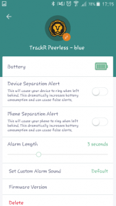 Cross TrackR - Screenshot - Activating separation alarms on TrackR app