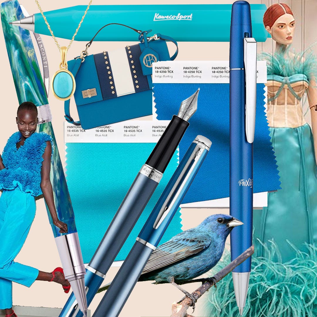 Mood board showing Pantone colours Blue Atoll and Indigo Bunting with matching products