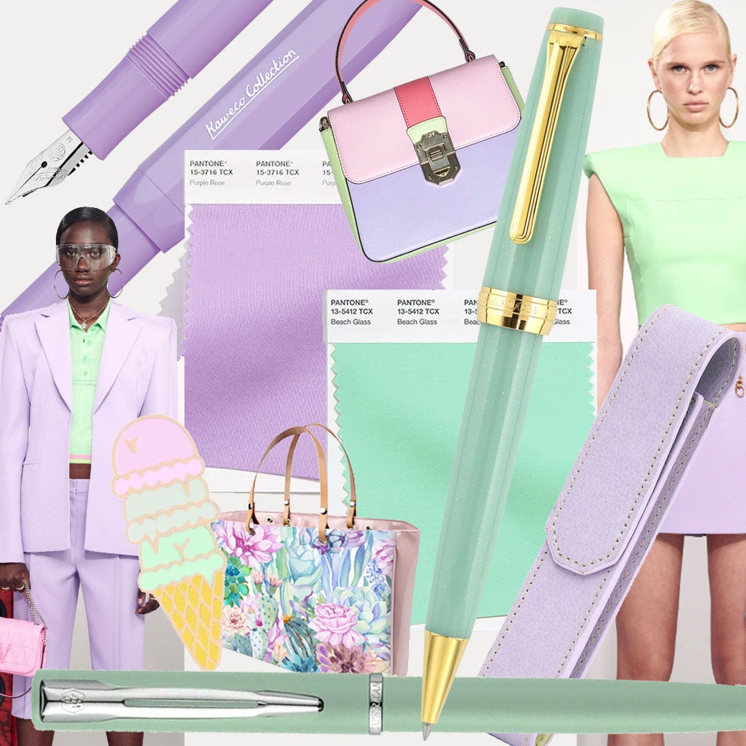 Mood board showing Pantone colours Purple Rose and Beach Glass with matching products